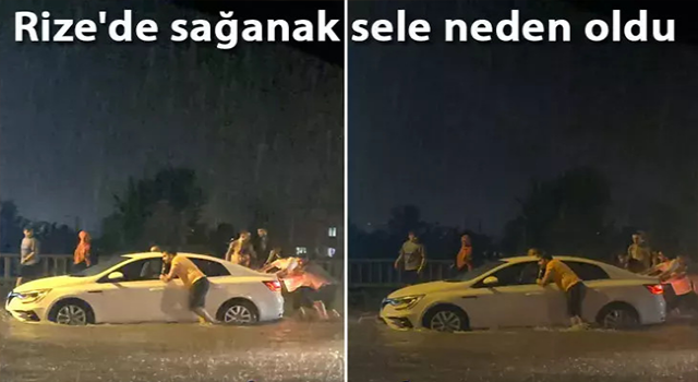 Rize'de Sağanak Sele Bağlı Otomobil Mahsur Kaldı