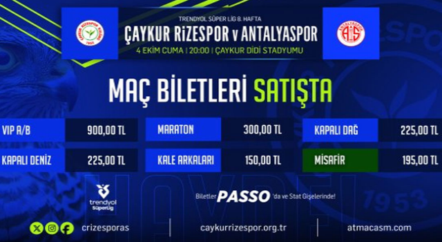 Çaykur Rizespor – Antalyaspor Maç Biletleri Satışta