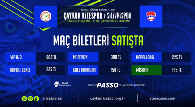 ÇAYKUR Rizespor – Silivrispor kupa maçı biletleri satışa çıktı