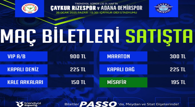 Çaykur Rizespor - Adana Demirspor Maçı Biletleri Satışta!