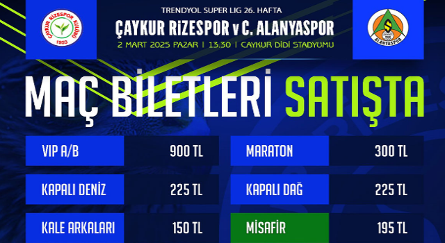 Çaykur Rizespor – Alanyaspor Maçı Biletleri Satışta!