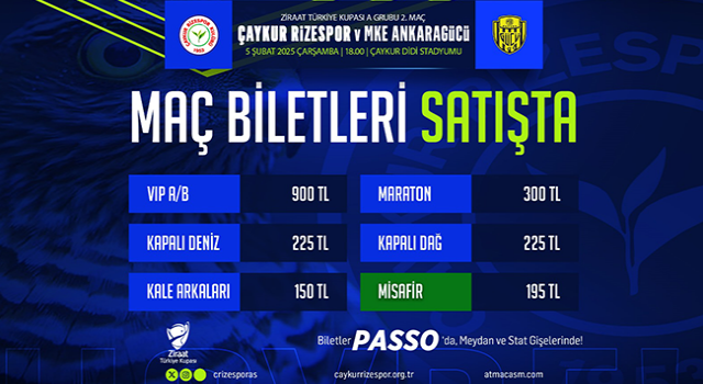 Çaykur Rizespor – MKE Ankaragücü Maçının Biletleri Satışta