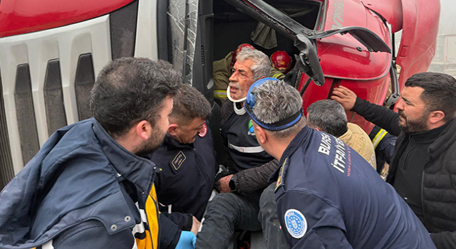 Devrilen ahşap yüklü TIR’ın şoförü ağır yaralandı