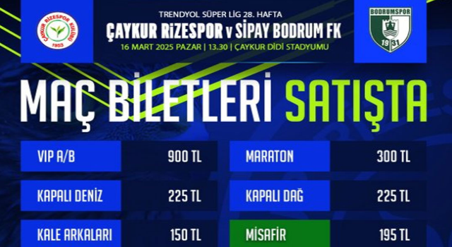 Çaykur Rizespor - Bodrum FK Maç Biletleri Satışta